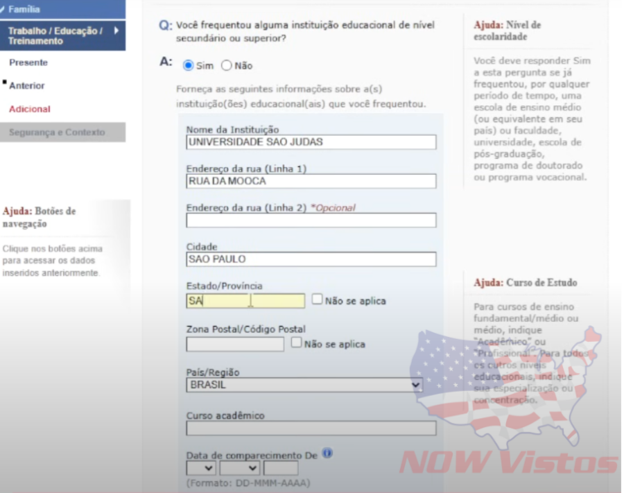 Imagem Artigo 02 abril 2025 início do DS///DS-160 formulário Visto Americano passo a passo formação academica